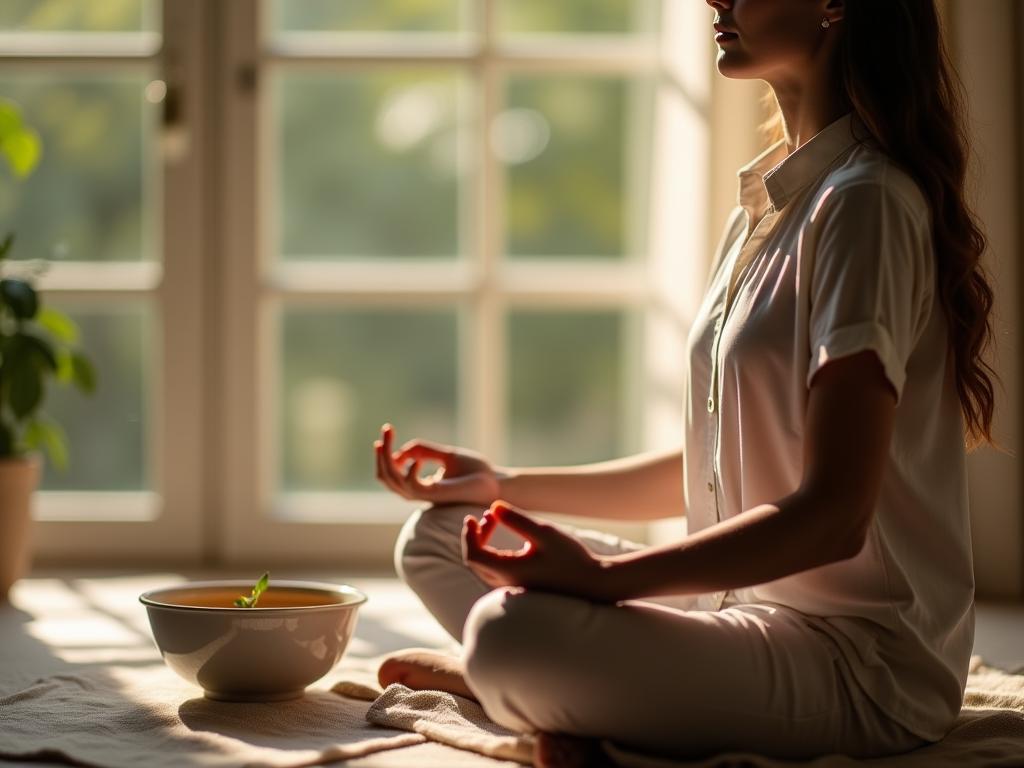 A person meditating while fasting with a bowl of healthy broth beside them, representing cellular renewal and healthy eating.