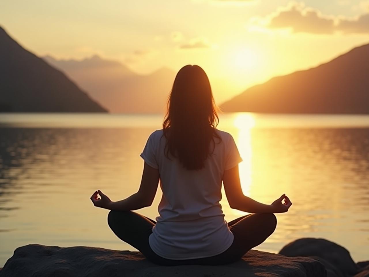 A serene image representing balance and inner peace, perhaps a person meditating near water with a thyroid gland symbol subtly placed in the background.
