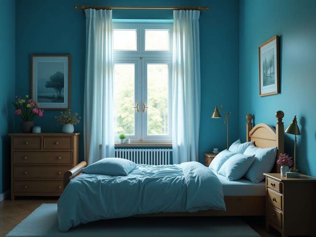 Bedroom with open window and cool colors, suggesting a comfortable and relaxing sleep environment.