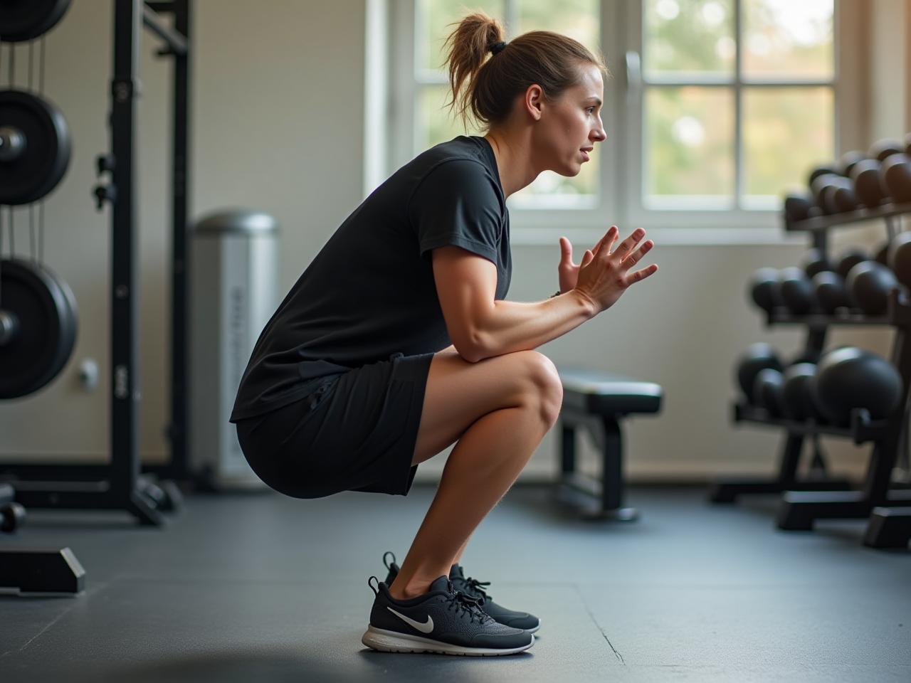 A person doing a slow, controlled squat, focusing on the eccentric (lowering) phase of the movement.