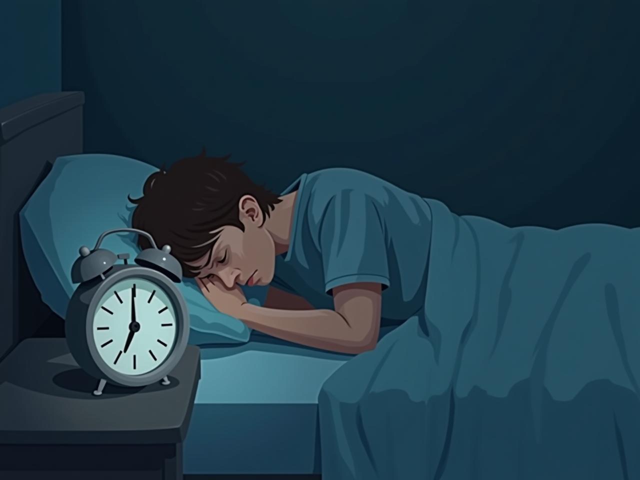 A person lying in bed, looking stressed, next to a clock showing its 3 AM.