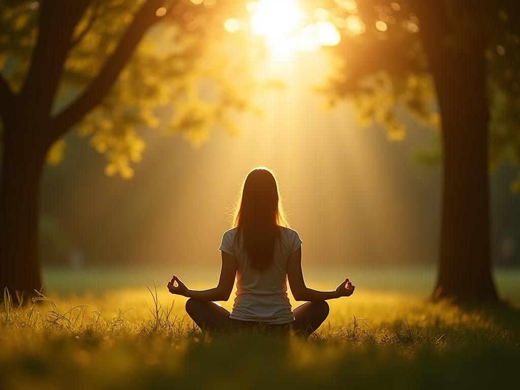 A person meditating in a peaceful nature setting, with sunlight shining through the trees.