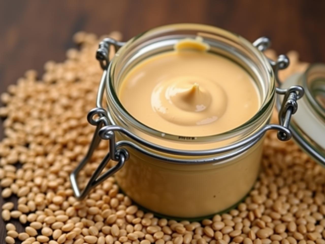 A jar of homemade tahini with sesame seeds around it.