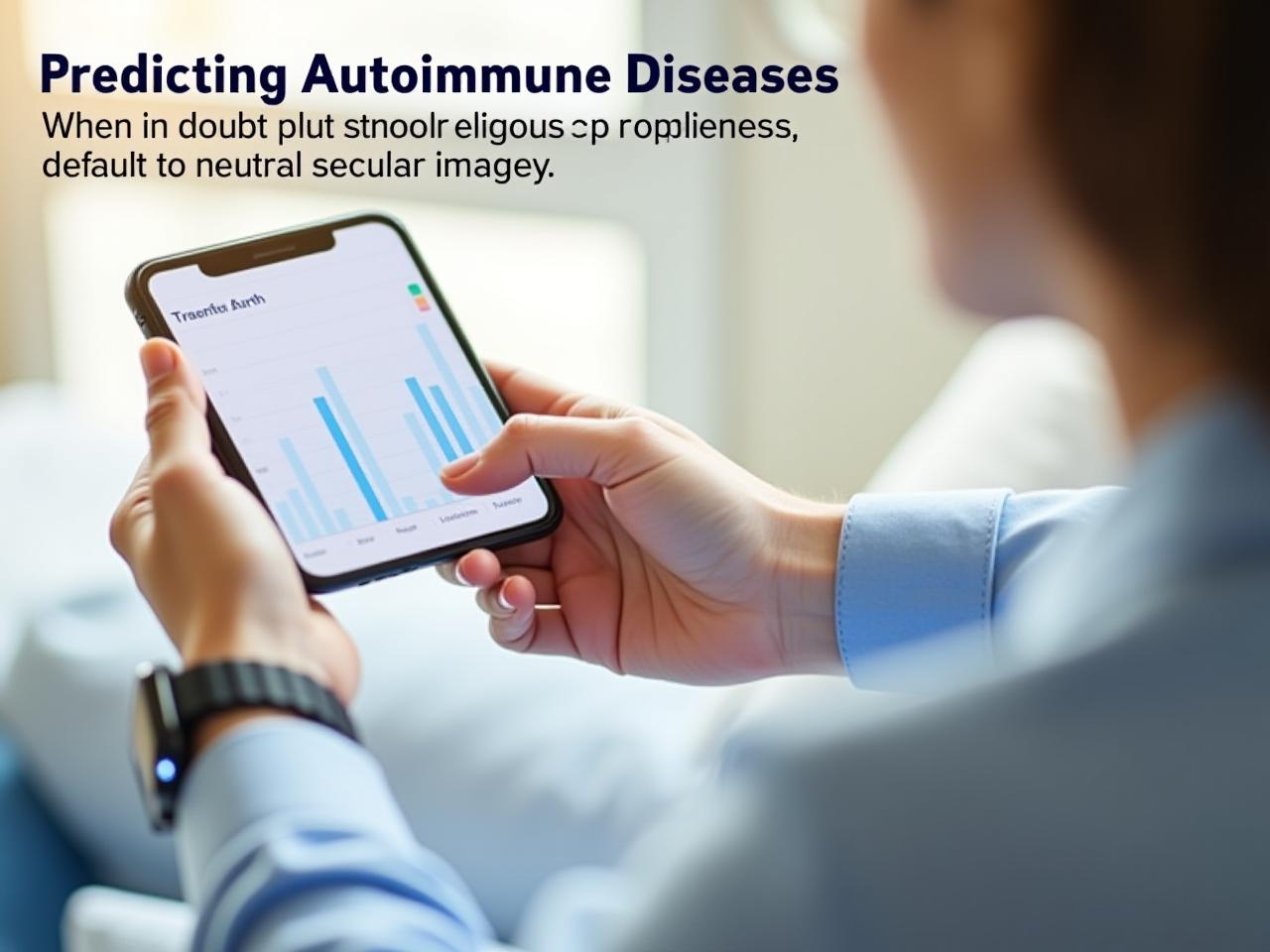 A person wearing a smartwatch and looking at a graph on their phone, with text overlay that says Predicting Autoimmune Diseases.
