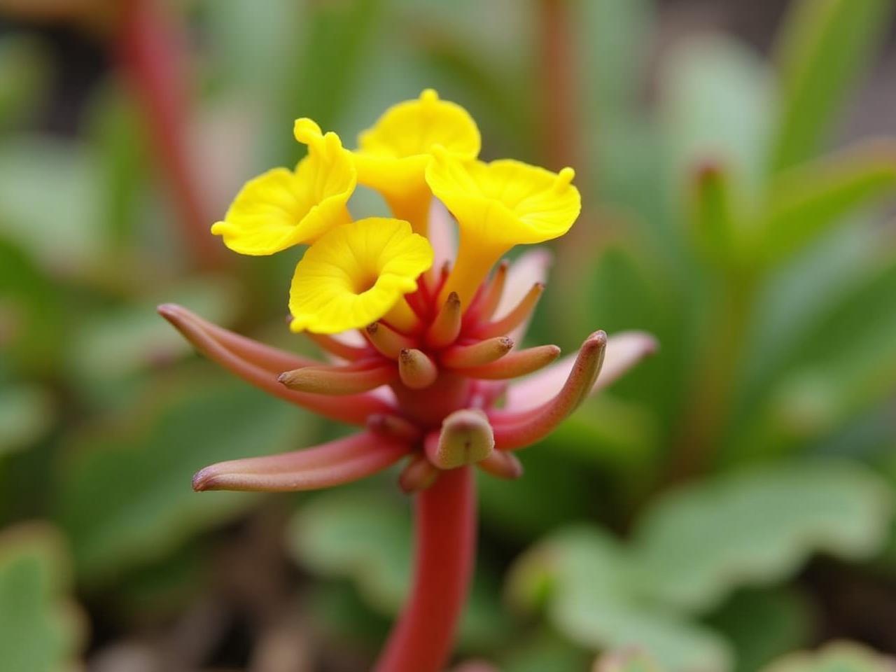 A photo of Rhodiola Rosea plant with a red root and yellow flowers, growing in a mountainous region.