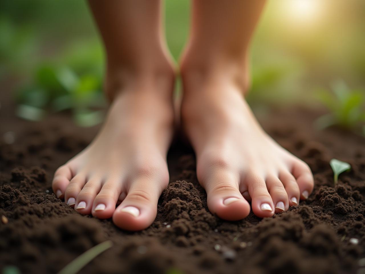 Bare feet touching the earth, symbolizing the practice of Earthing or Grounding.