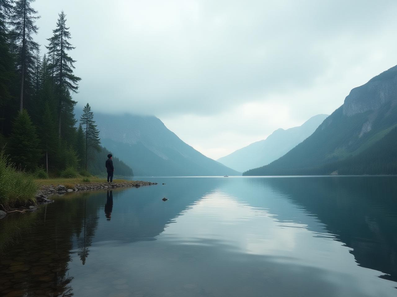 A serene Scandinavian landscape with a person sitting by a lake, enjoying the tranquility and balance of nature.