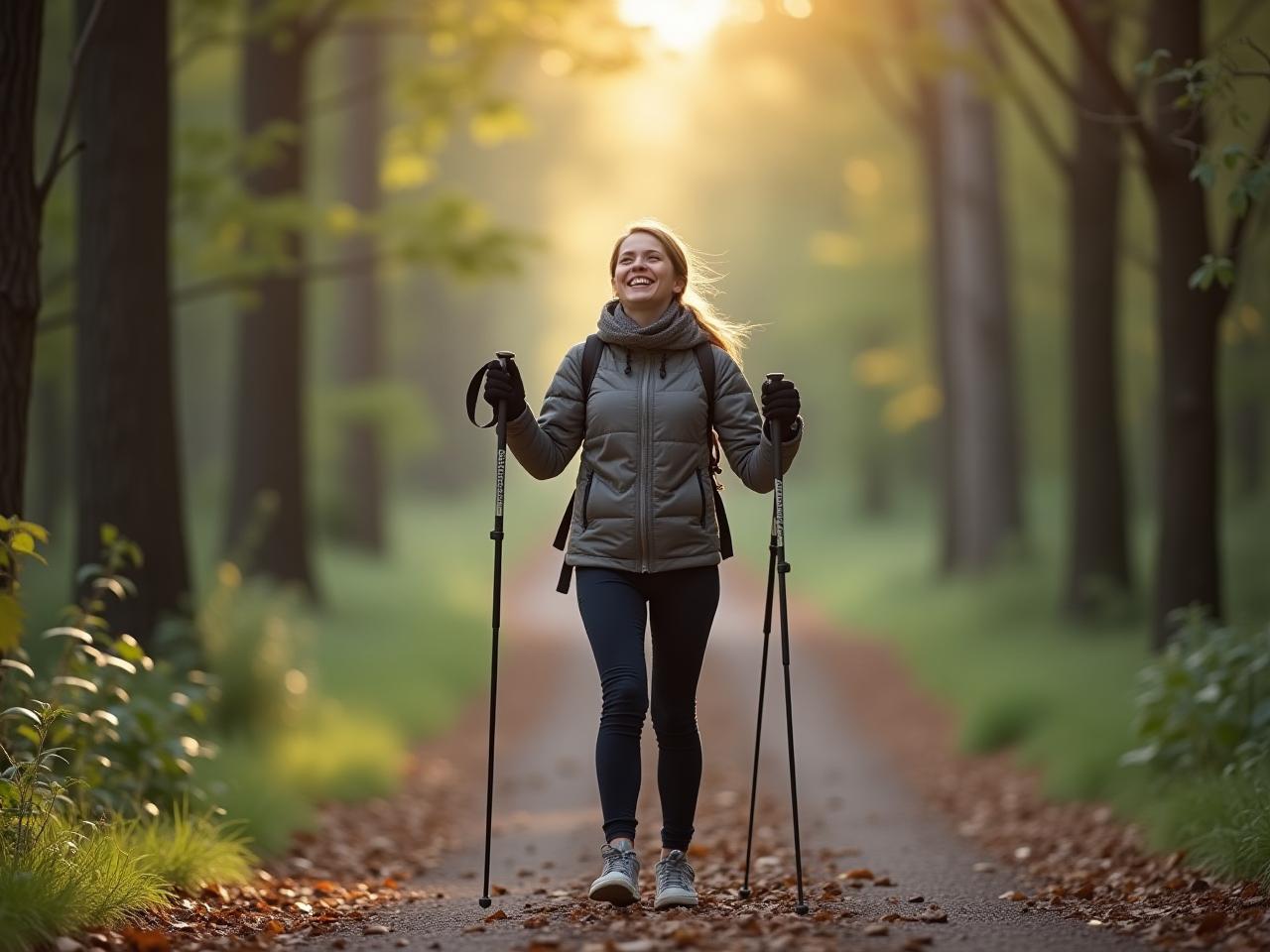 A person walking with Nordic walking poles in a forest, looking around with curiosity and a smile.