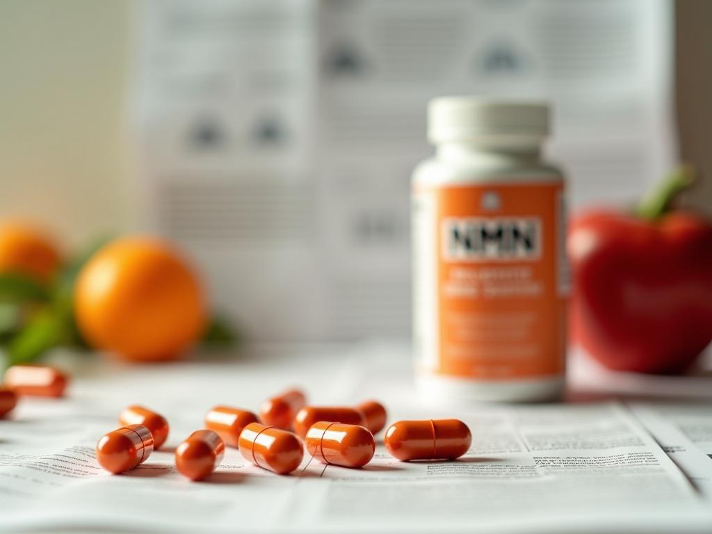 Close-up shot of NMN capsules with a background showing scientific research papers and a healthy lifestyle elements (fruits, vegetables). Focus on the capsules and the idea of optimizing health and longevity.