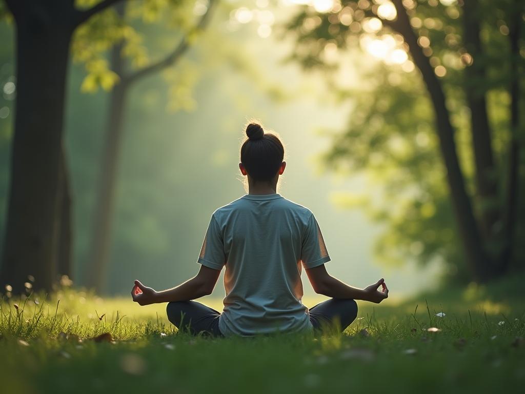A person meditating peacefully in a quiet nature setting, with a subtle overlay of DNA strands representing telomeres.