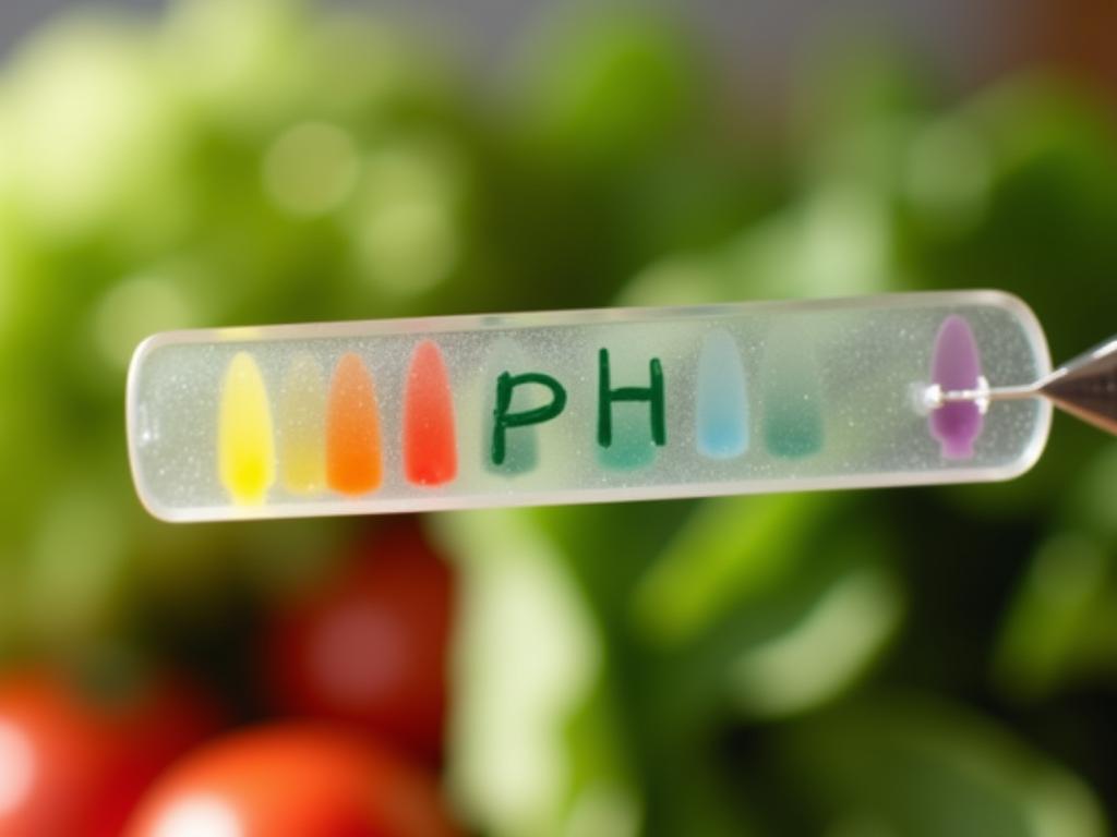 A close-up shot of a pH strip changing color, with a blurred background of healthy food items like green vegetables and fruits.