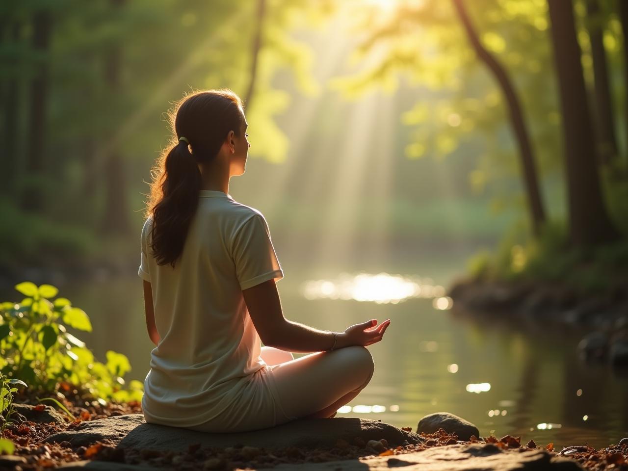 A person meditating in a peaceful environment, surrounded by nature.