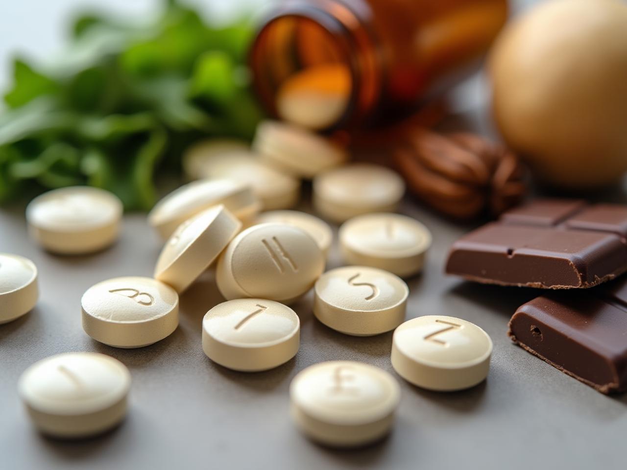Close-up of various magnesium supplement pills and capsules, alongside foods rich in magnesium such as leafy greens, nuts, and dark chocolate. The image conveys a sense of natural health and the importance of magnesium for overall well-being.