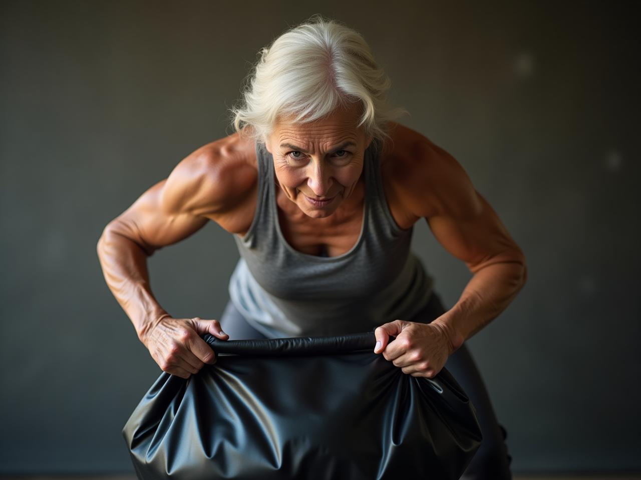 A senior woman effortlessly picking up a heavy bag, symbolizing functional fitness and longevity.