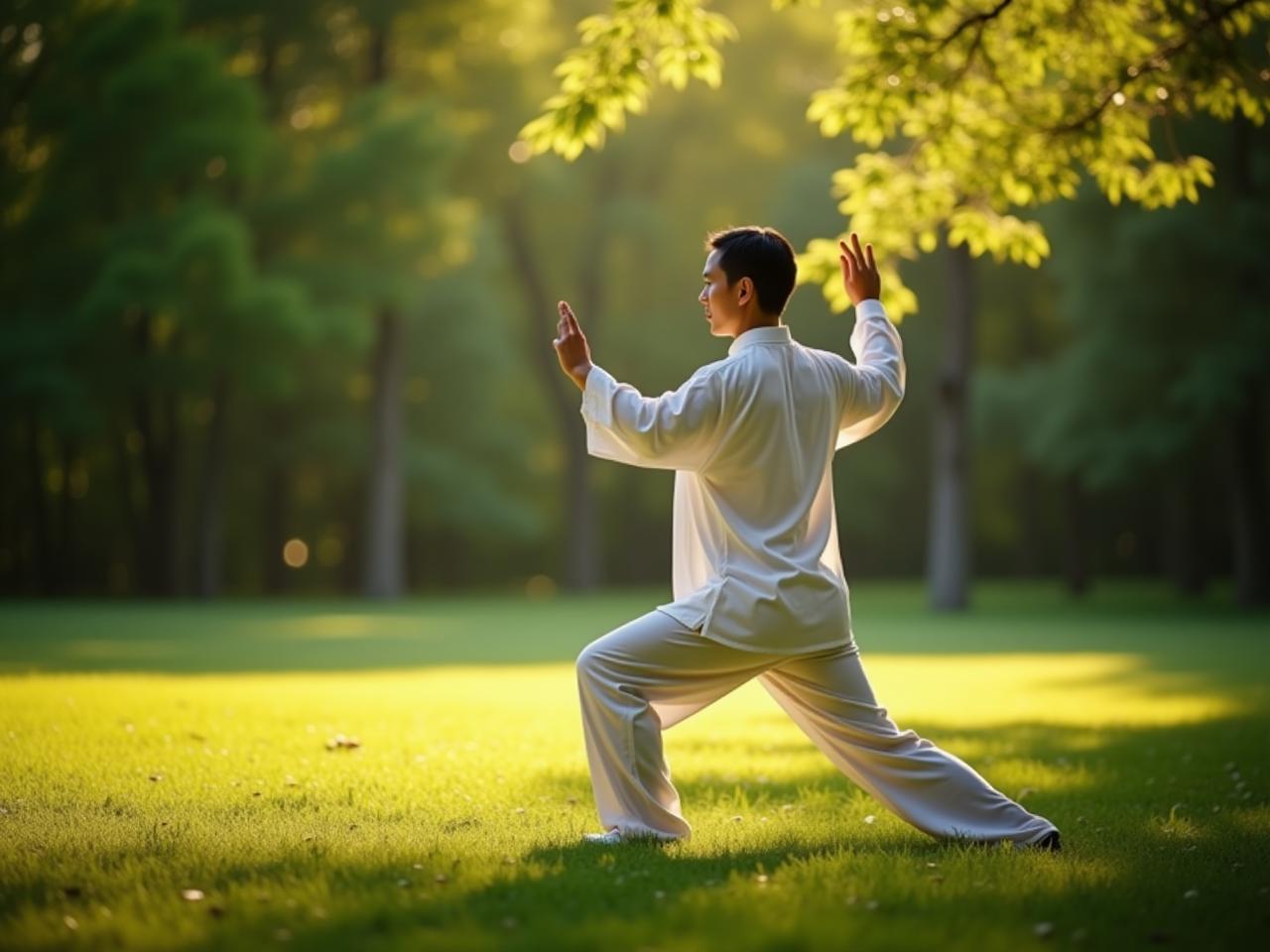 A person practicing Tai Chi in a serene park setting, surrounded by lush greenery and gentle sunlight.