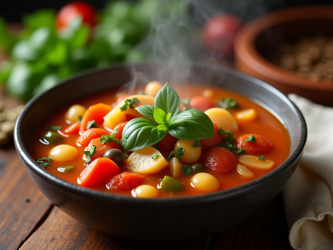 Bowl of colorful vegetable soup with fresh herbs and spices, steaming on a wooden table, representing the healing power of traditional nutrition.