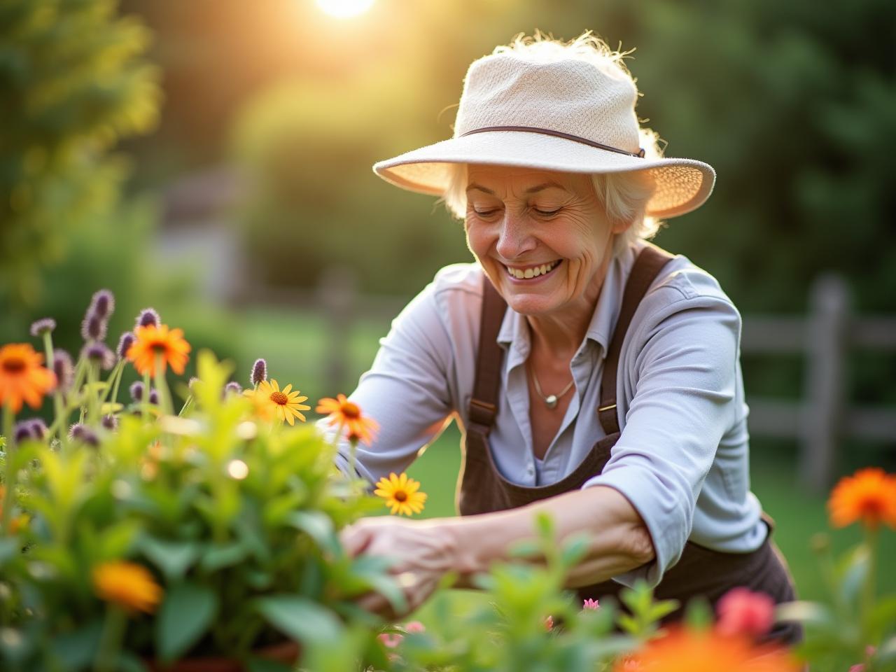 A woman in her 70s gracefully gardening, showcasing the benefits of natural movement for longevity.