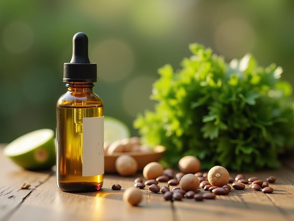 A bottle of magnesium oil with green vegetables and nuts in the background.
