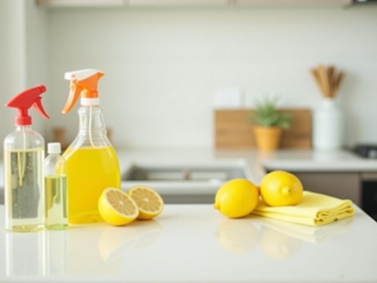A sparkling clean kitchen counter with lemons and cleaning supplies.