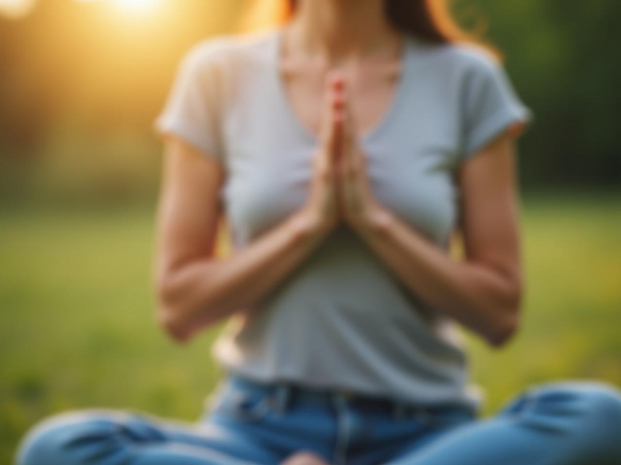 A person practicing diaphragmatic breathing with hands on their chest and abdomen in a peaceful setting.