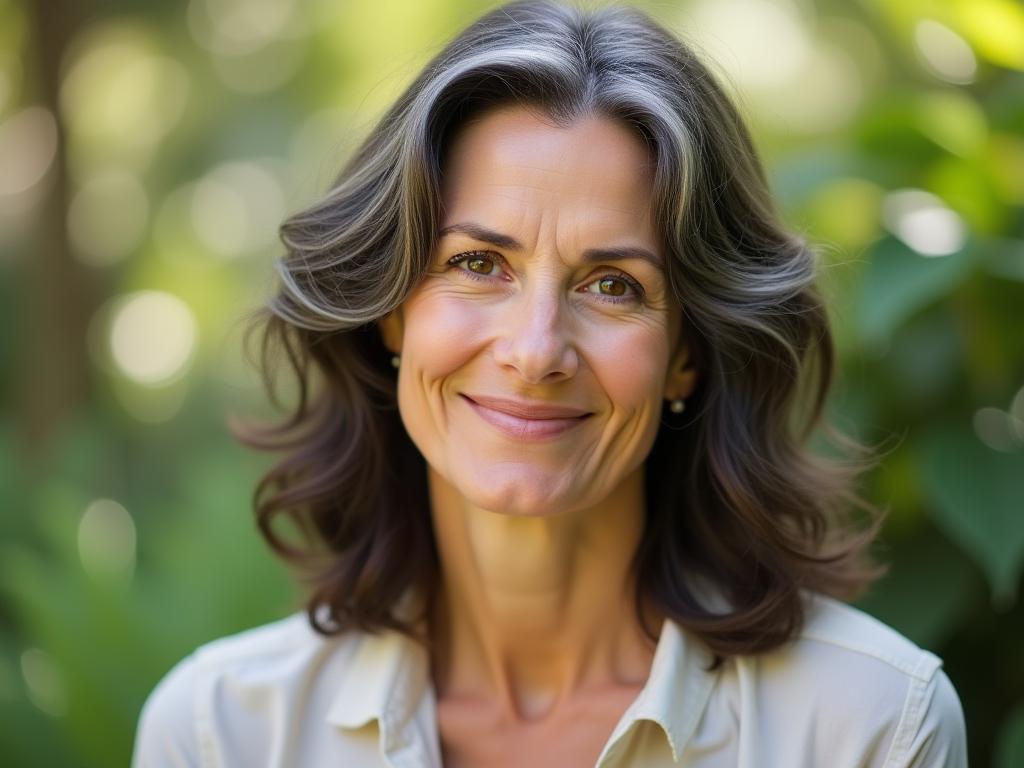 Portrait photograph of a peaceful woman in her mid-40s with expressive eyes, gentle smile, and shoulder-length wavy dark hair with silver streaks. Shes in a garden setting with soft light, conveying warmth, wisdom, and empathy.