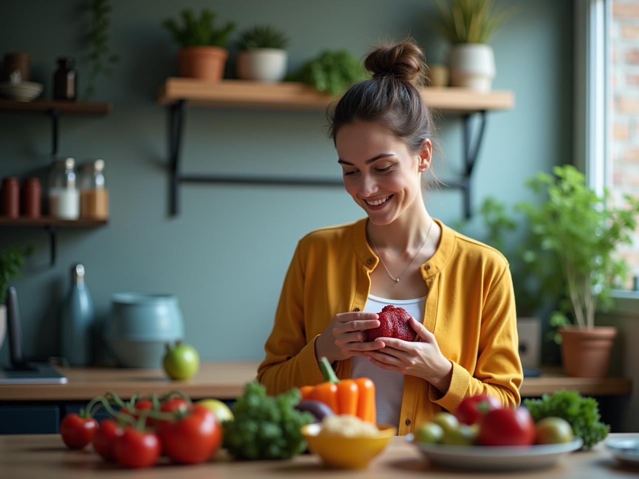 Person listening to their body, surrounded by healthy food and technology for monitoring health. A visual representation of the holistic approach to liver health.