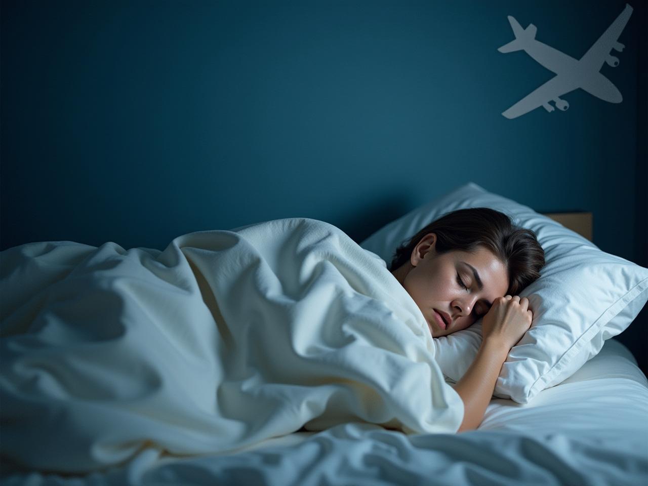 A person lying in bed, struggling to fall asleep, with a faint airplane silhouette in the background.