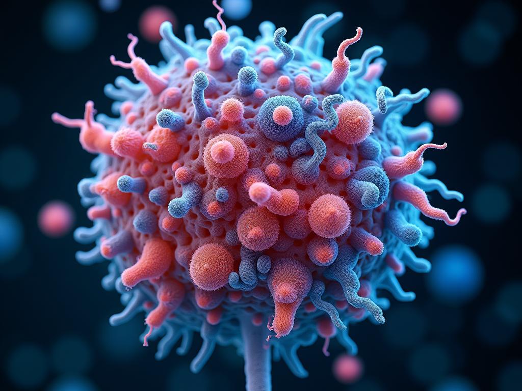 Image of a colorful microbiome visualization with bacteria and other microorganisms, symbolizing the complexity of gut health.