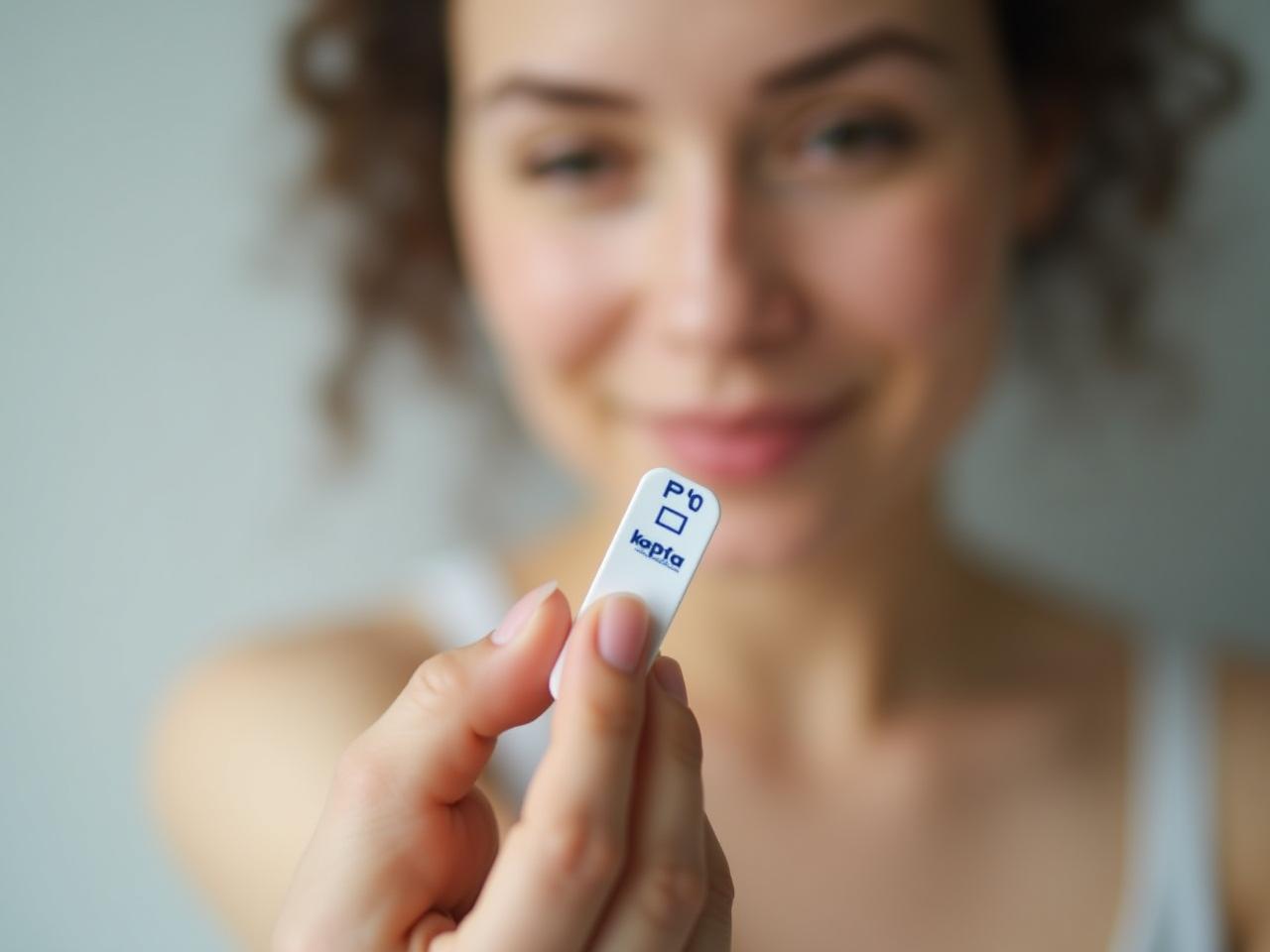 A woman testing her urine pH with a pH strip, with a calm and focused expression.
