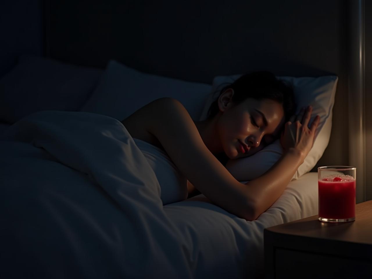 A person sleeping peacefully in a dark room, with a glass of cherry juice on the nightstand.