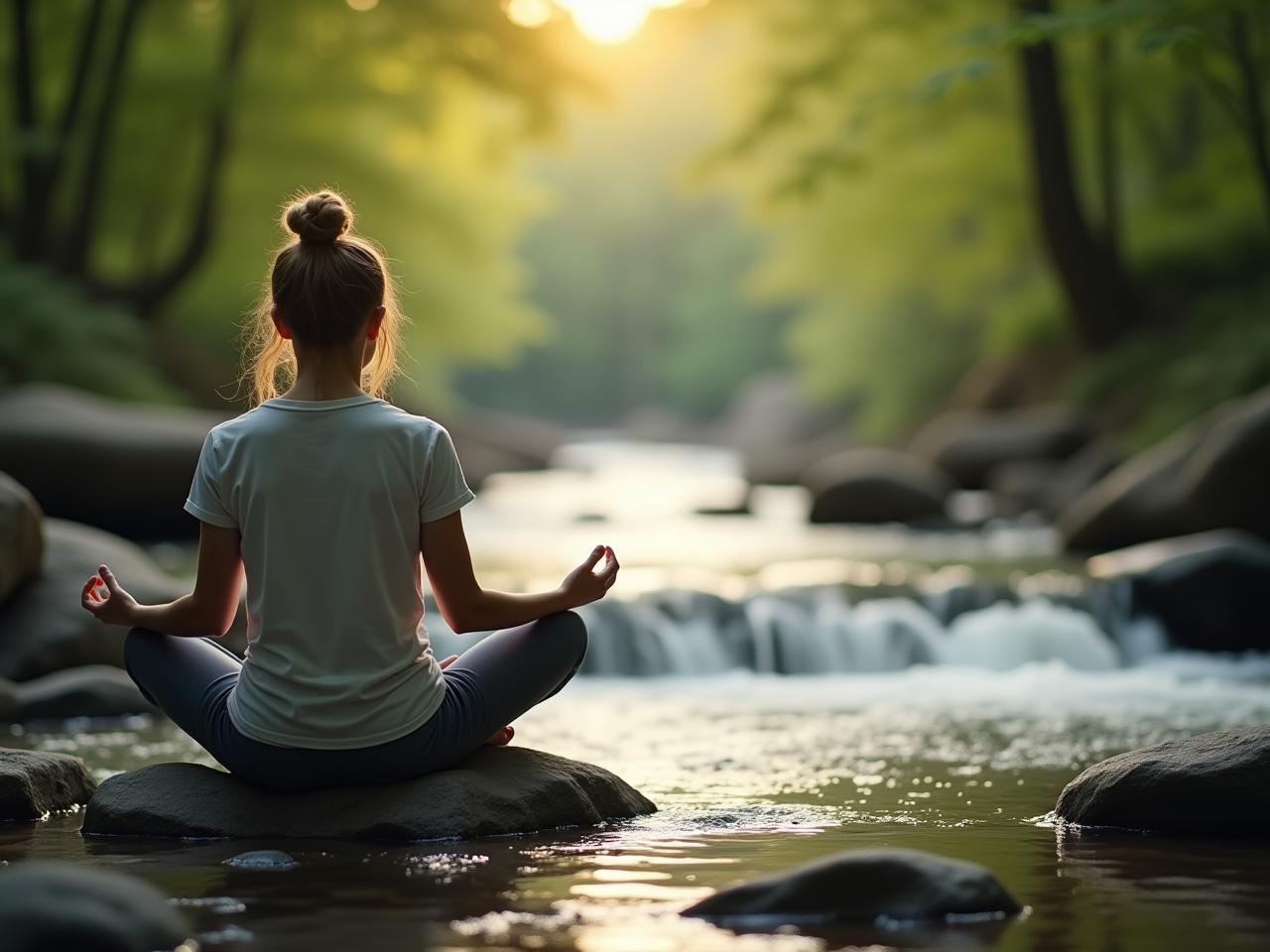 A peaceful scene of a person meditating by a flowing stream, representing emotional regulation and inner peace.