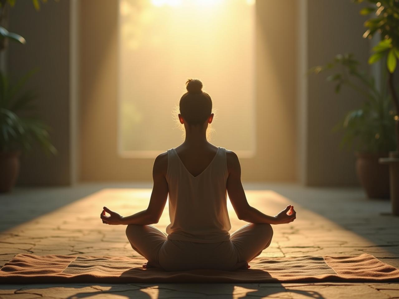 A person meditating in a peaceful environment, visualizing calm and focus.