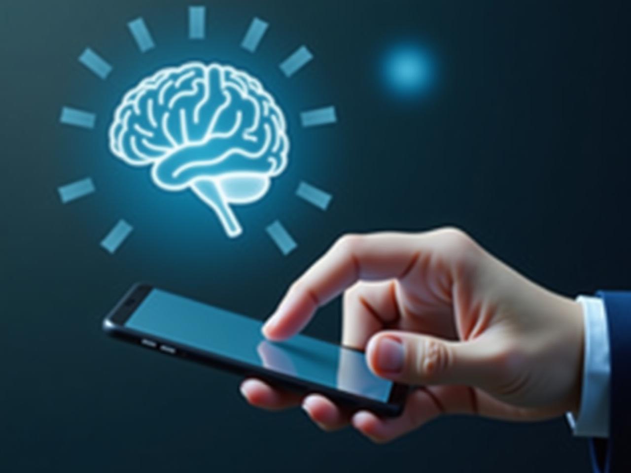 A hand typing on a smartphone with a brain-shaped icon in the background, symbolizing the connection between typing patterns and brain health.