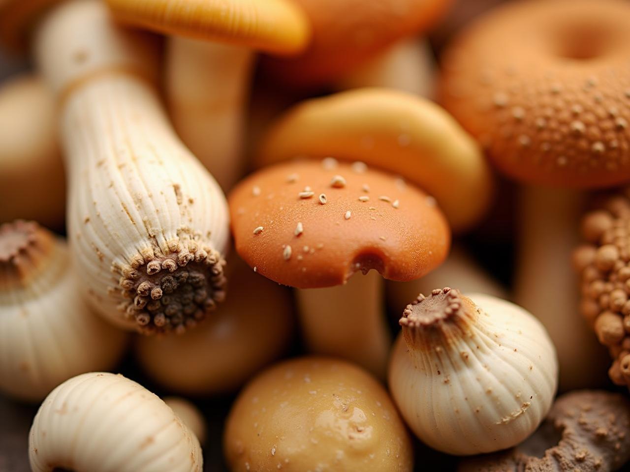 Close-up of various medicinal mushrooms, including Reishi, Shiitake, and Lions Mane, with a focus on their textures and colors.