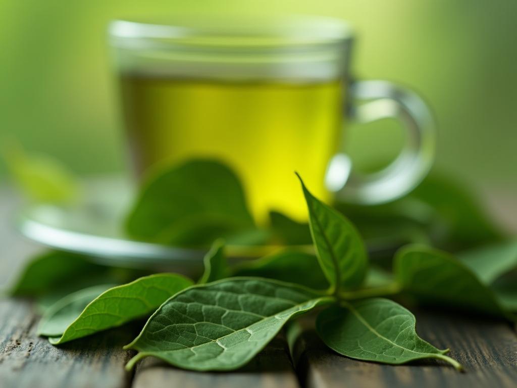 Close-up of green tea leaves with a cup of brewed green tea in the background, symbolizing EGCGs source and potential health benefits.