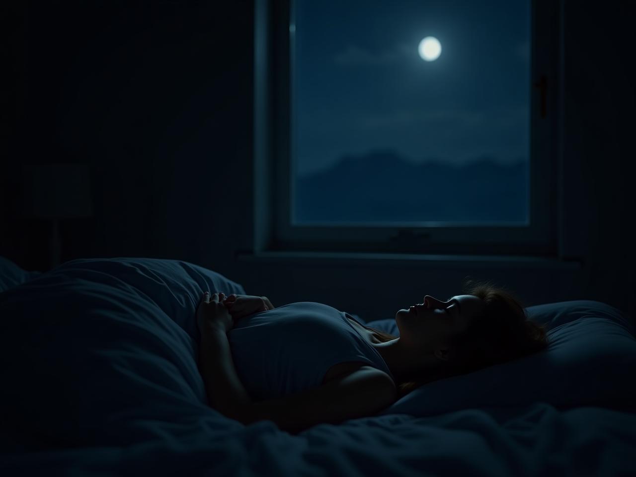 A serene image of a person sleeping peacefully in a dark room with a sliver of moonlight shining through a window.