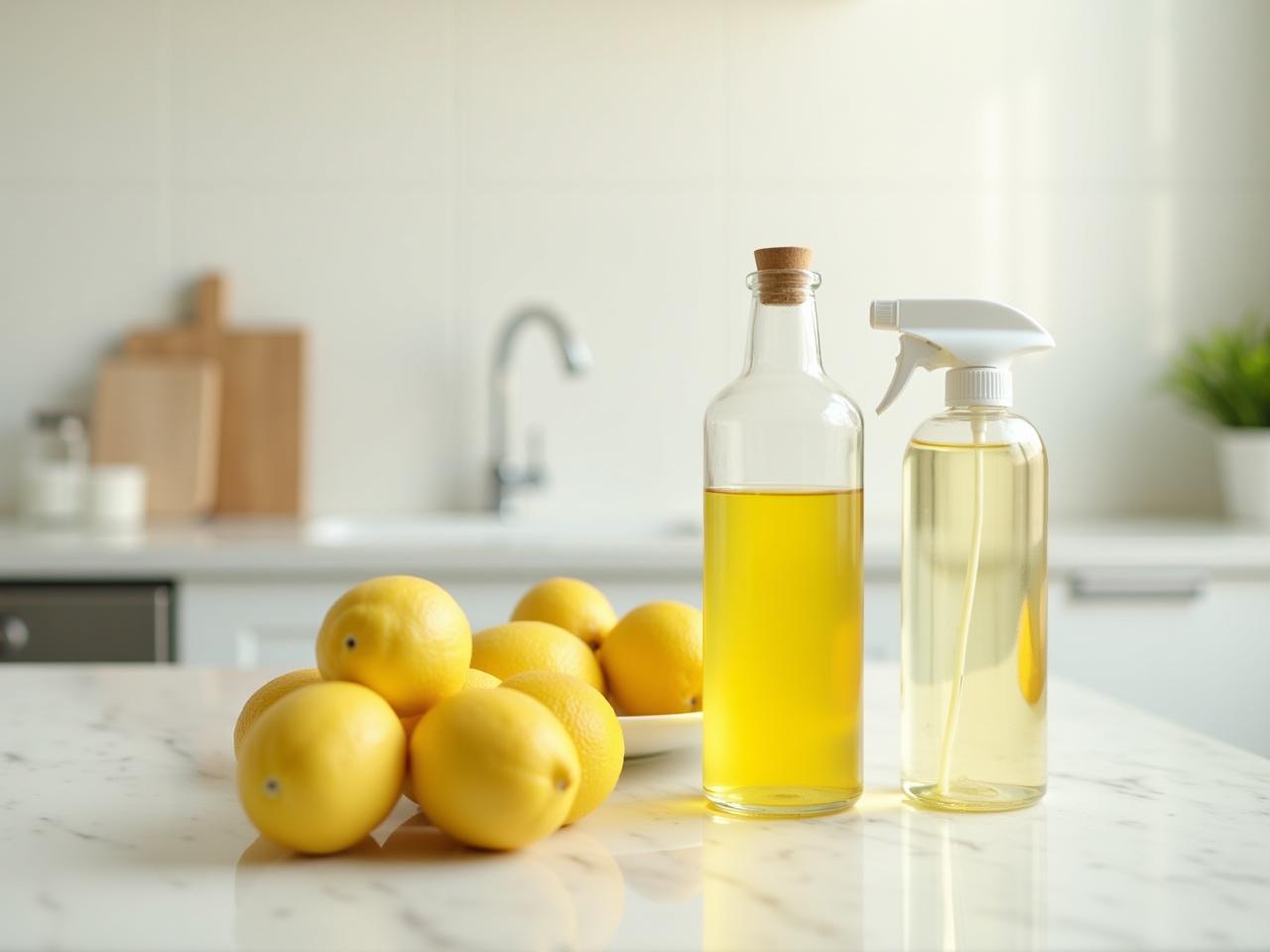 A sparkling clean kitchen with lemons, baking soda, and vinegar displayed on the countertop, symbolizing natural cleaning solutions.