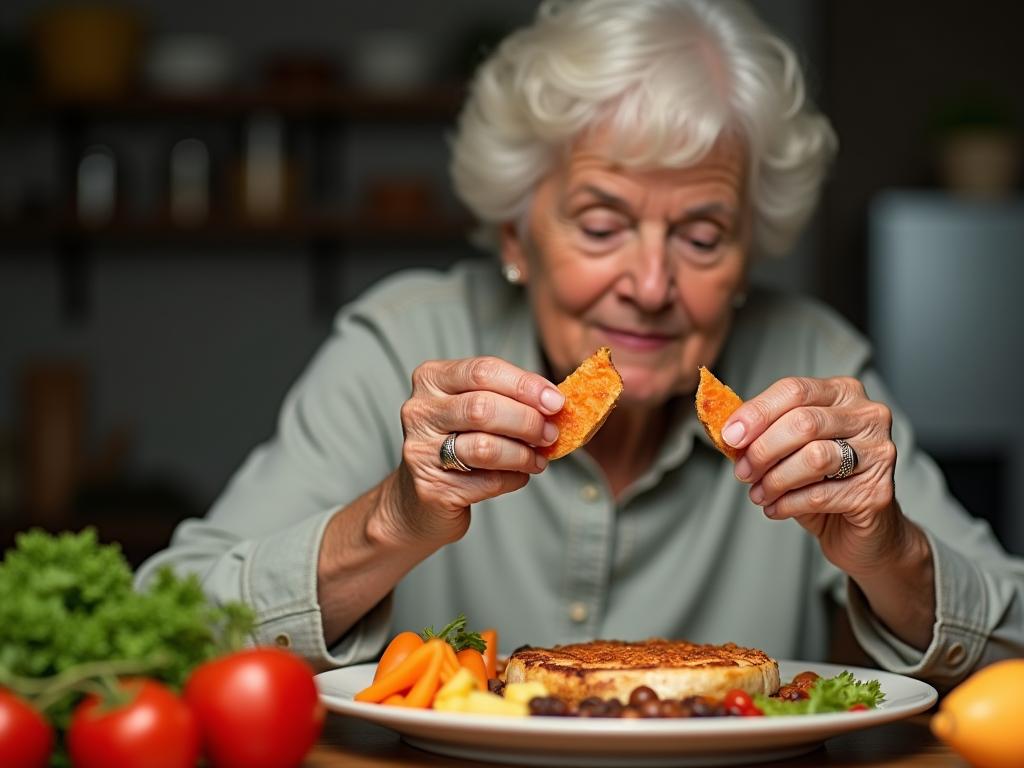A person in their 50s or older eating a balanced meal rich in protein, with a focus on natural and unprocessed food sources like eggs, beans, fish, and vegetables.