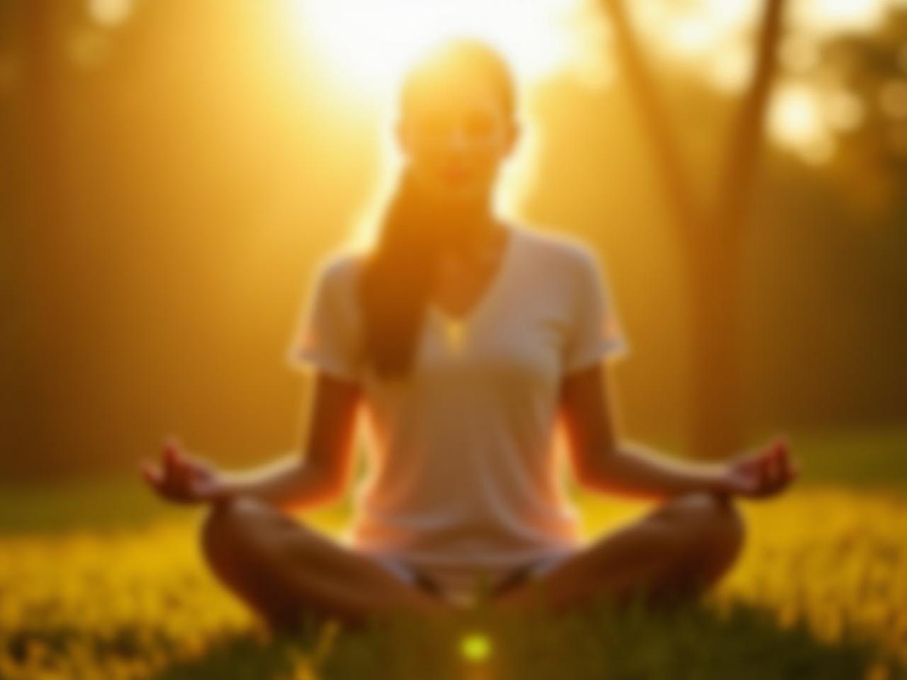 A person meditating peacefully in nature, with sunlight gently illuminating their face.