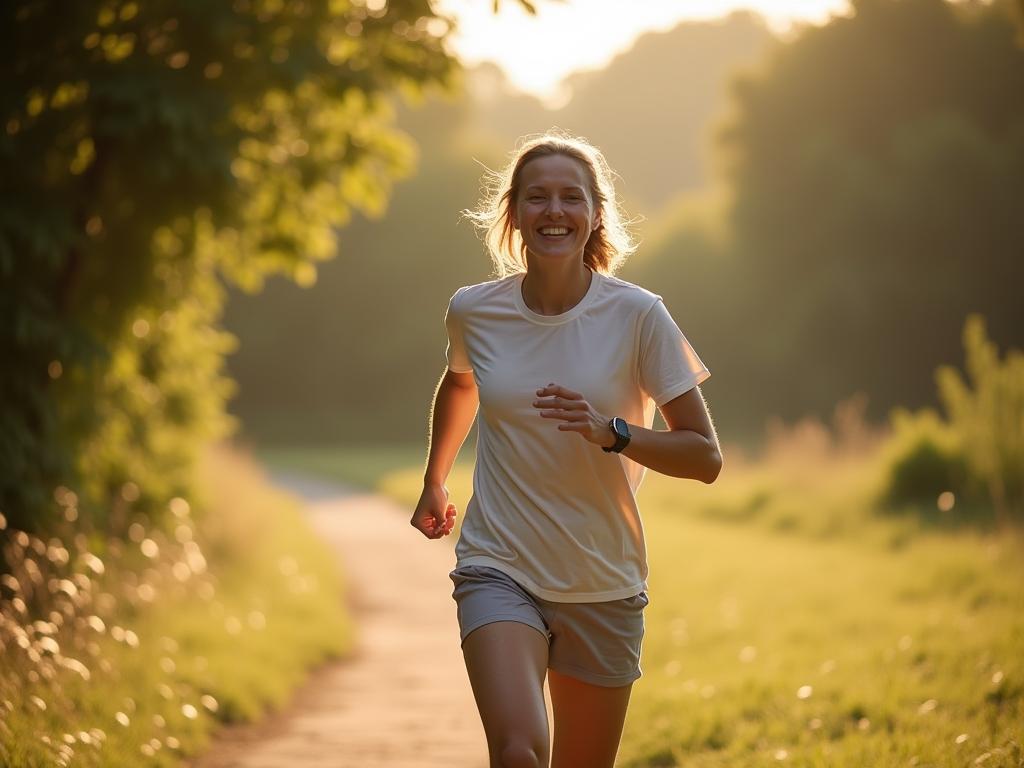A person walking briskly in nature, smiling and looking healthy.