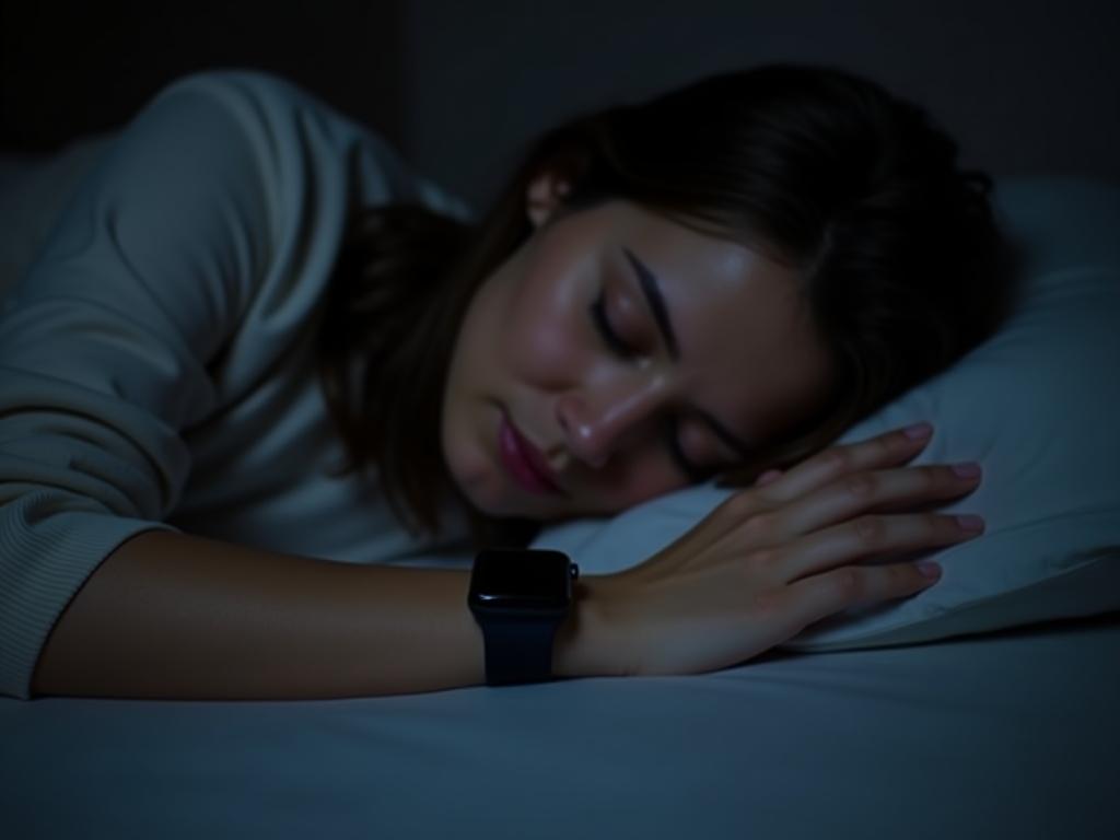 A person sleeping peacefully while wearing a smart watch on their wrist. The background is dimly lit and serene.