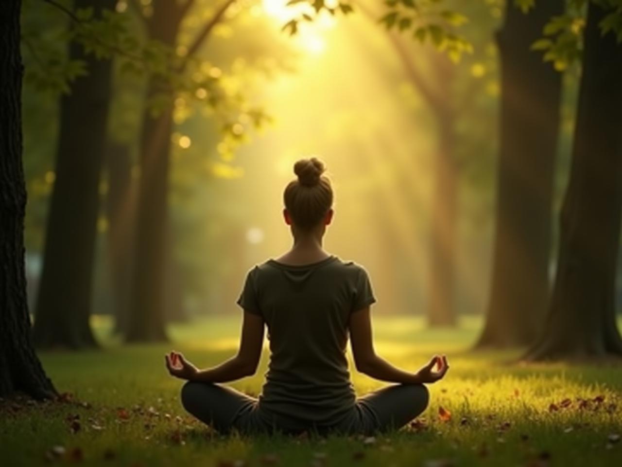 A person meditating in a peaceful setting, with light filtering through the trees.