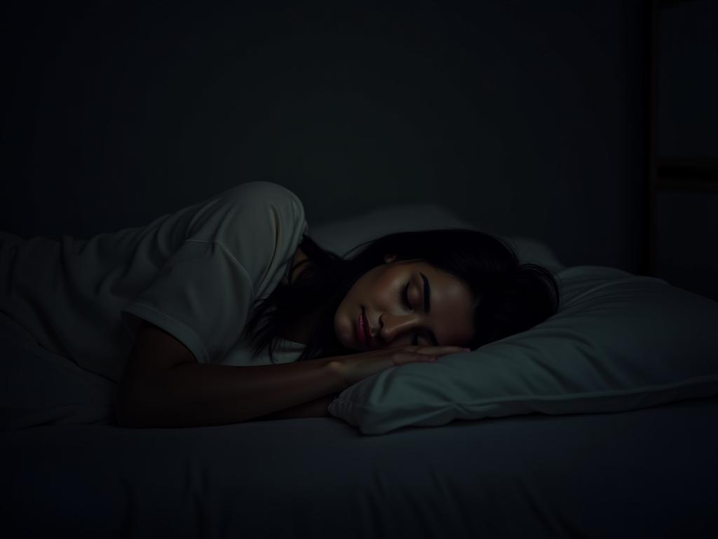 A person sleeping peacefully in a dark and cozy bedroom with soft lighting.