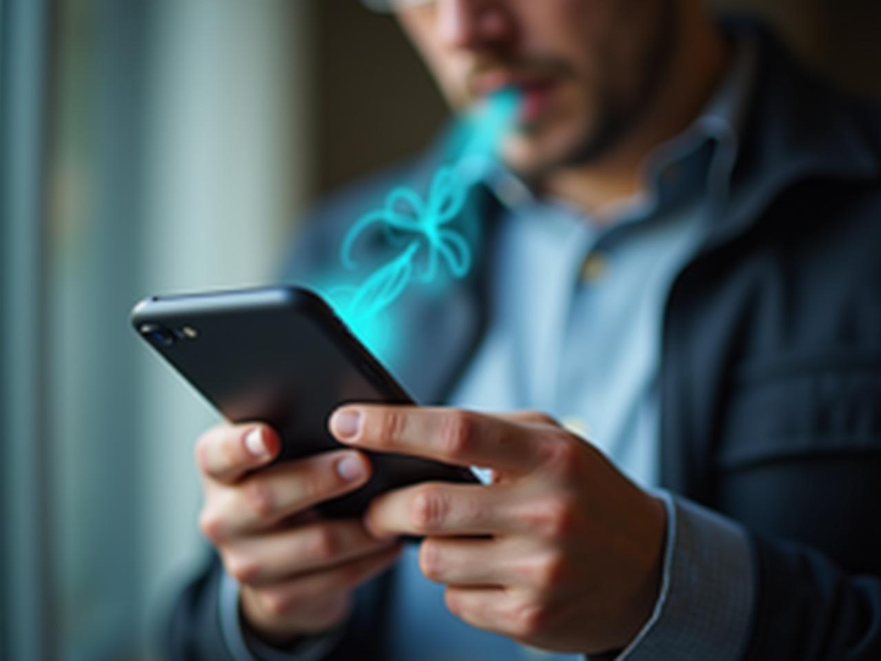Close-up of a person using a smartphone to analyze their breath, with a medical infographic overlay.