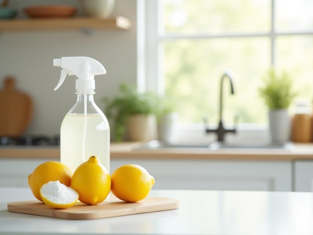 A clean and sparkling kitchen with lemons and baking soda on the counter, symbolizing natural cleaning solutions.