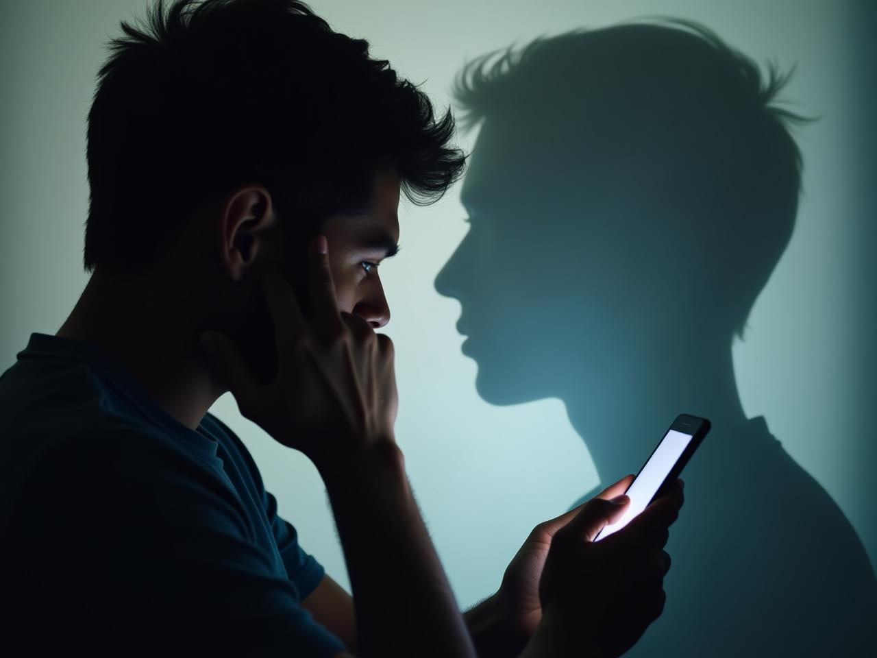A person looking worried at their smartphone screen, with a brain silhouette partially fading in the background.