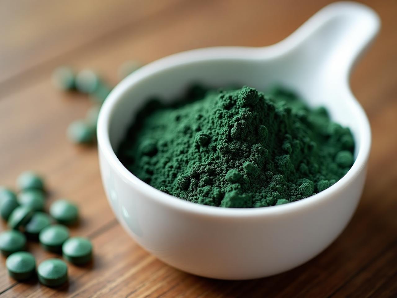 Close-up of spirulina powder and tablets in a white bowl on a wooden table.