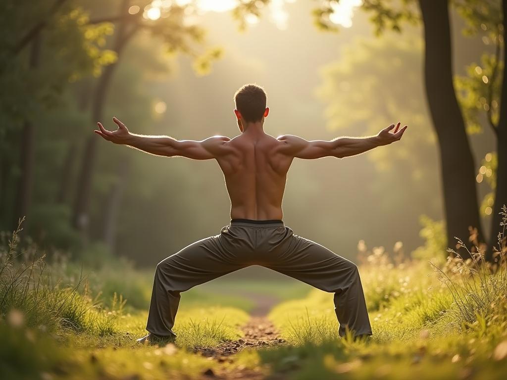 A person performing a primal movement exercise in nature, emphasizing connection to the body and natural movement.