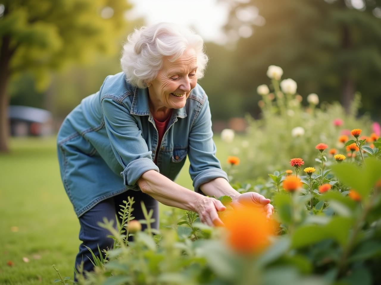 A photo showing an elderly woman gardening with ease, highlighting the concept of maintaining mobility in old age through natural movements.