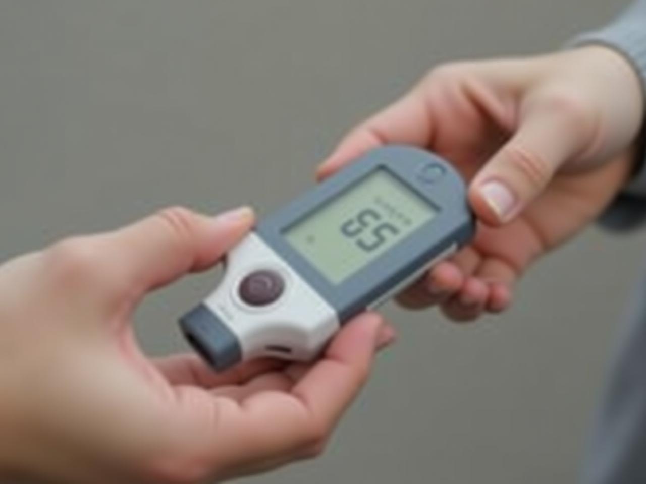 Close-up of a hand using a blood glucose meter to check blood sugar levels.